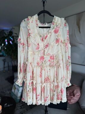 Floral Ruffle Tiered Mini Dress - Cream with Pink Floral